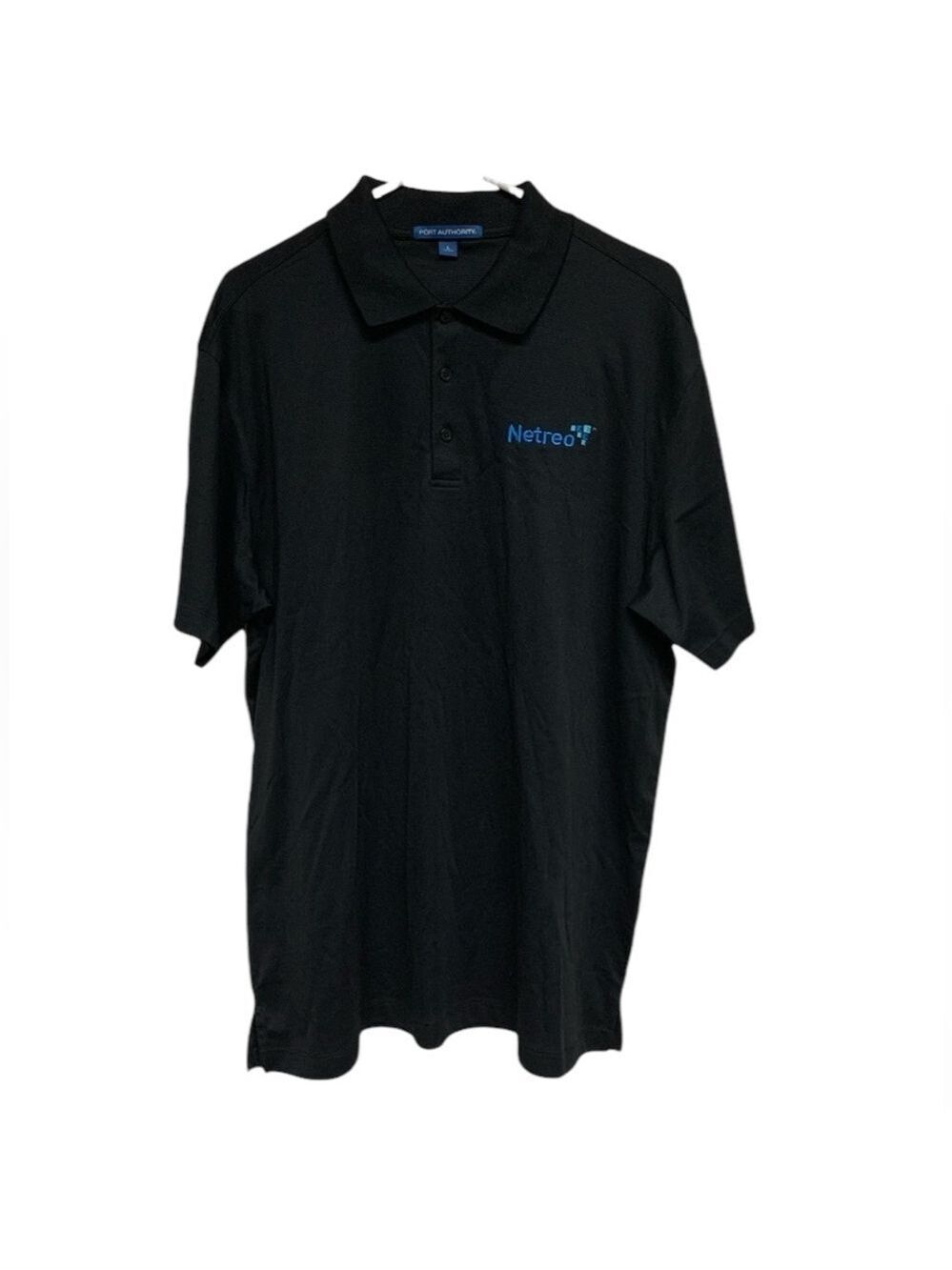 Port Authority mens black polo branded Netreo short sleeve size L Large NEW NWOT
